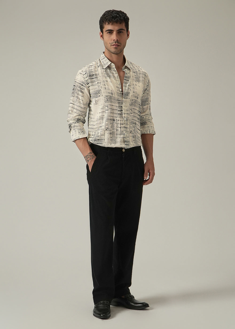 Cream Crosshatch Print Shirt