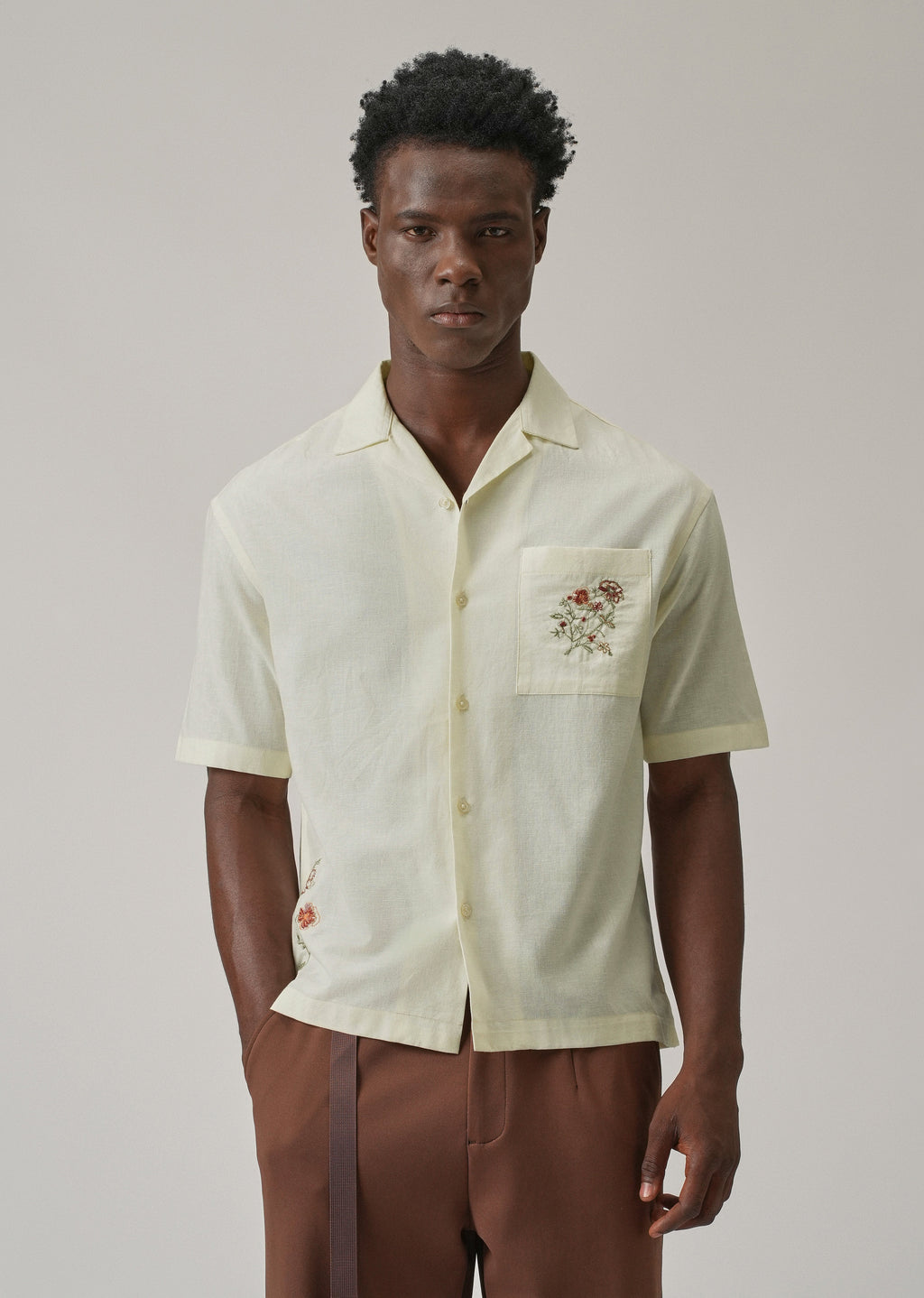 Cream Floral Embroidery Linen Shirt