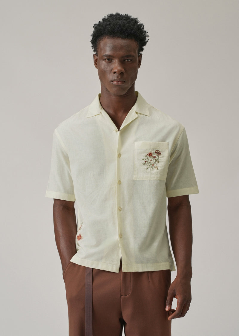 Cream Floral Embroidery Linen Shirt