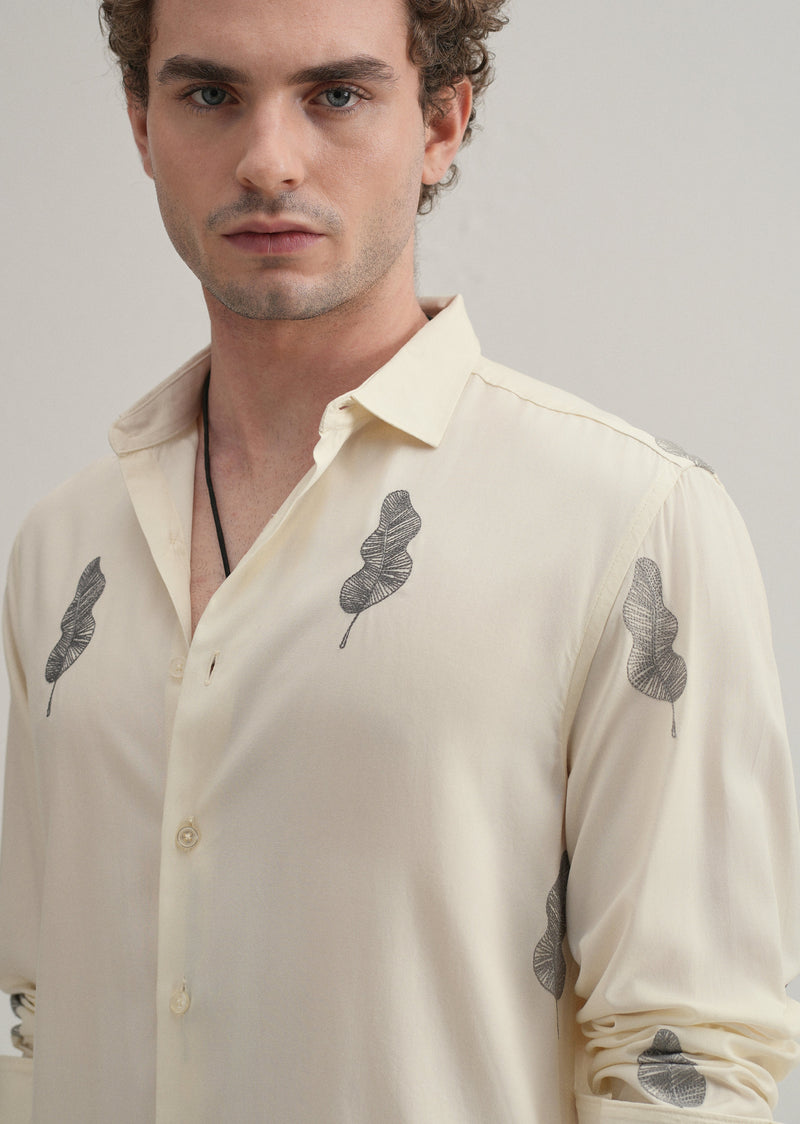 Cream Grey Leaf Motif Embroidery Shirt