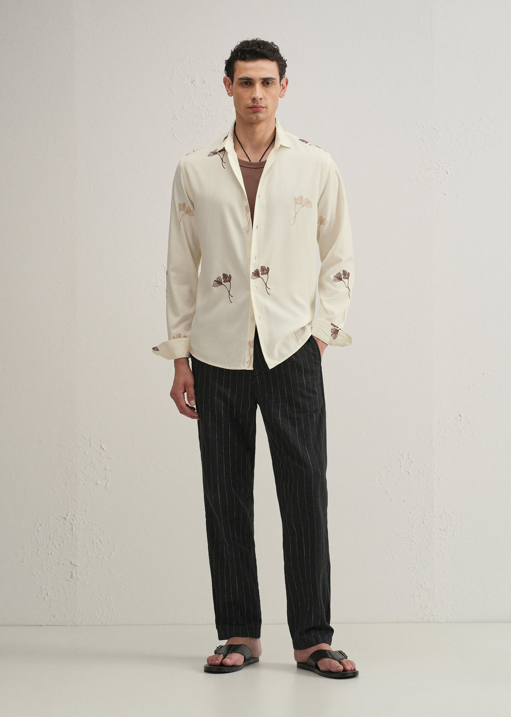 Cream Floral Motif Embroidery Shirt