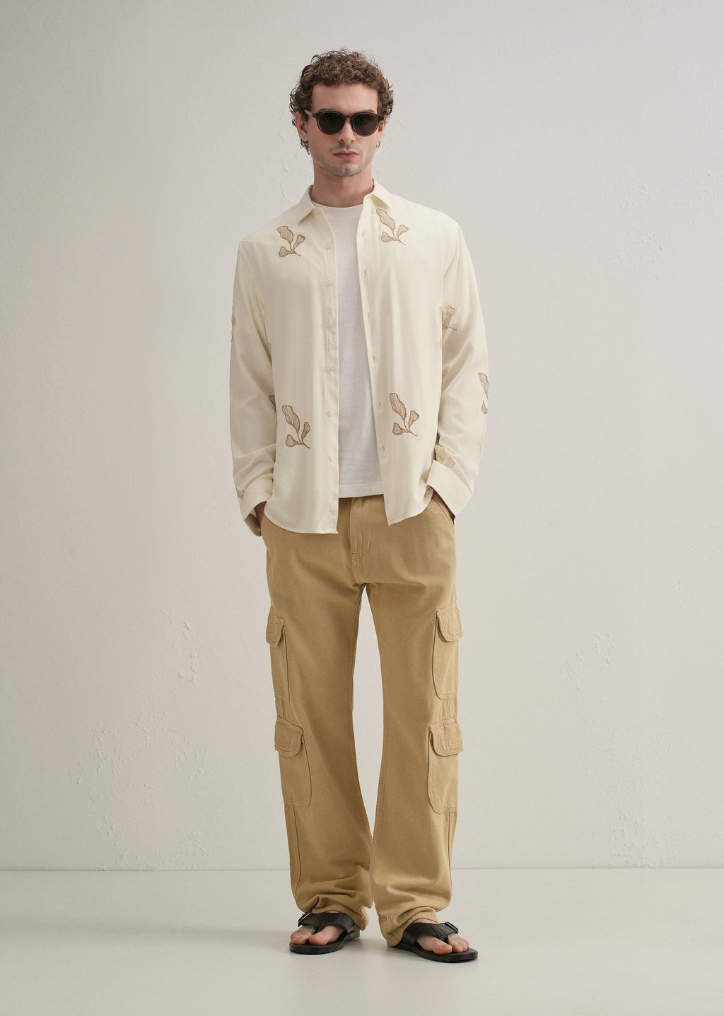 Cream Leaf Motif Embroidery Shirt