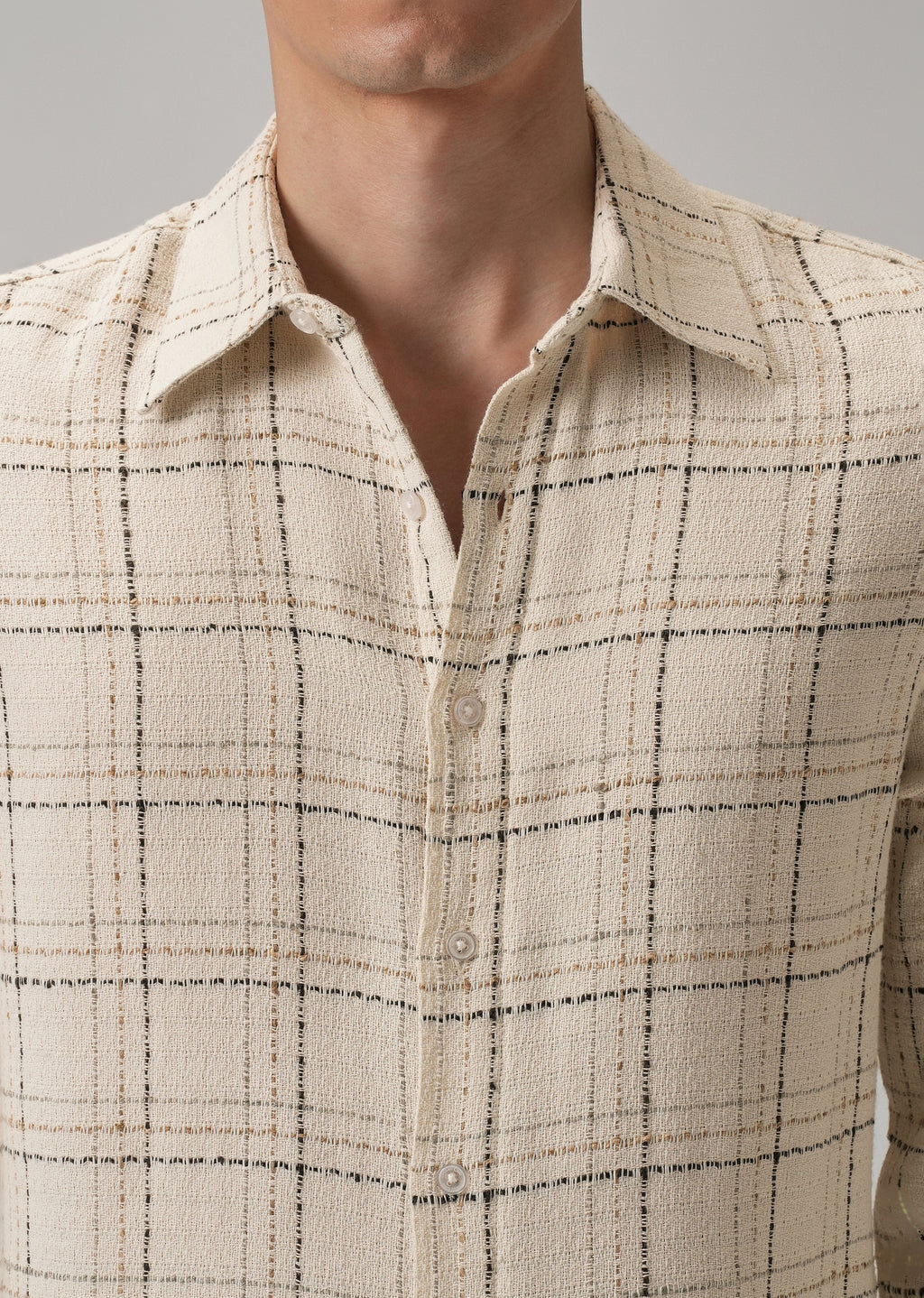 Cream Plaid Textured Cotton Check Shirt