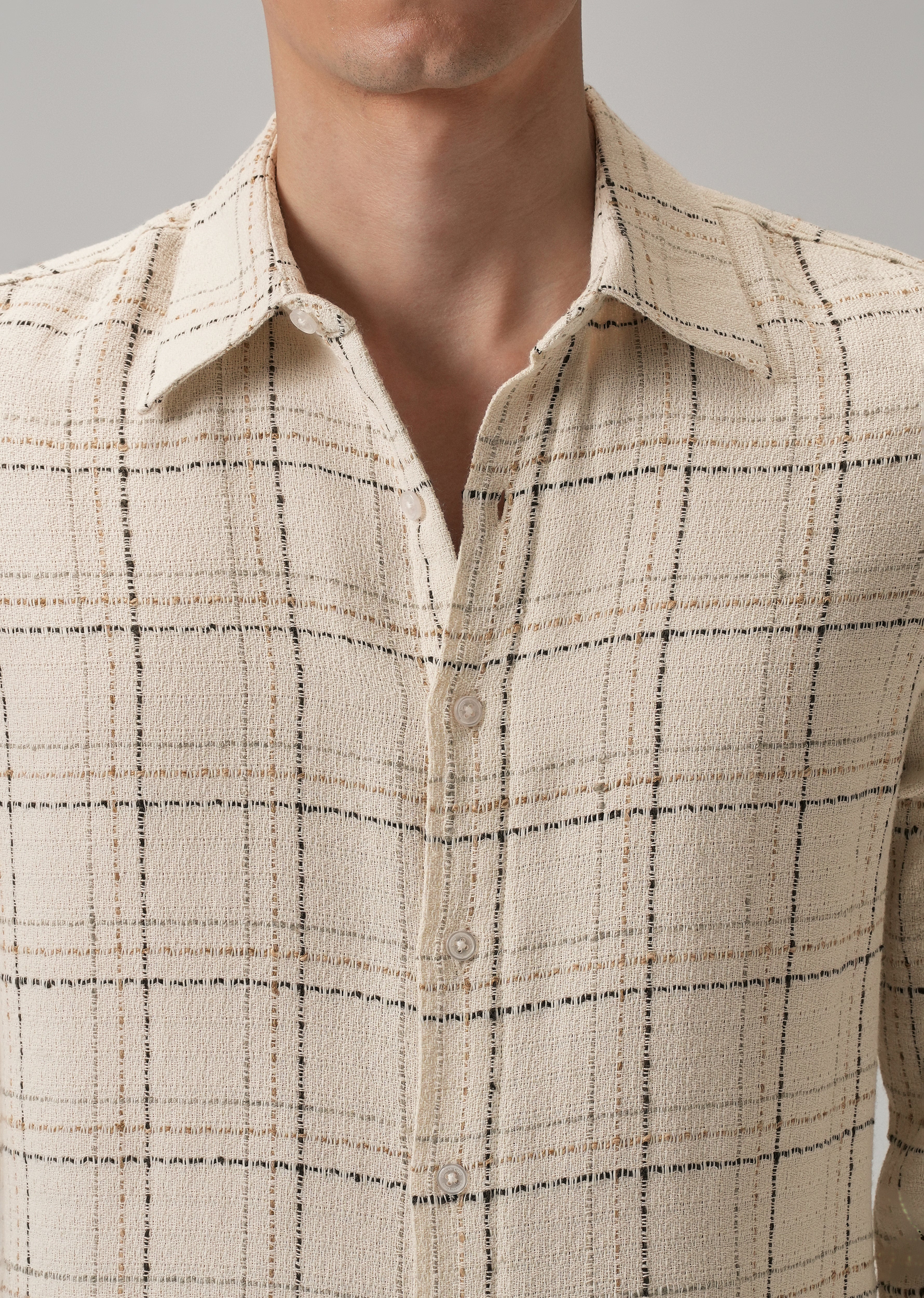 Cream Plaid Textured Cotton Check Shirt