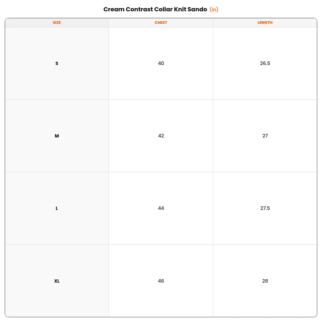 Size chart - Cream Contrast Collar Knit Sando