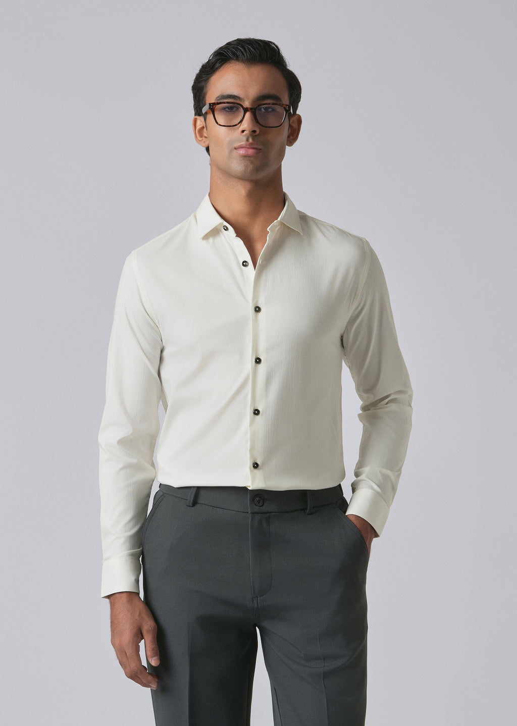Cream Cotton Stretch Plain Shirt