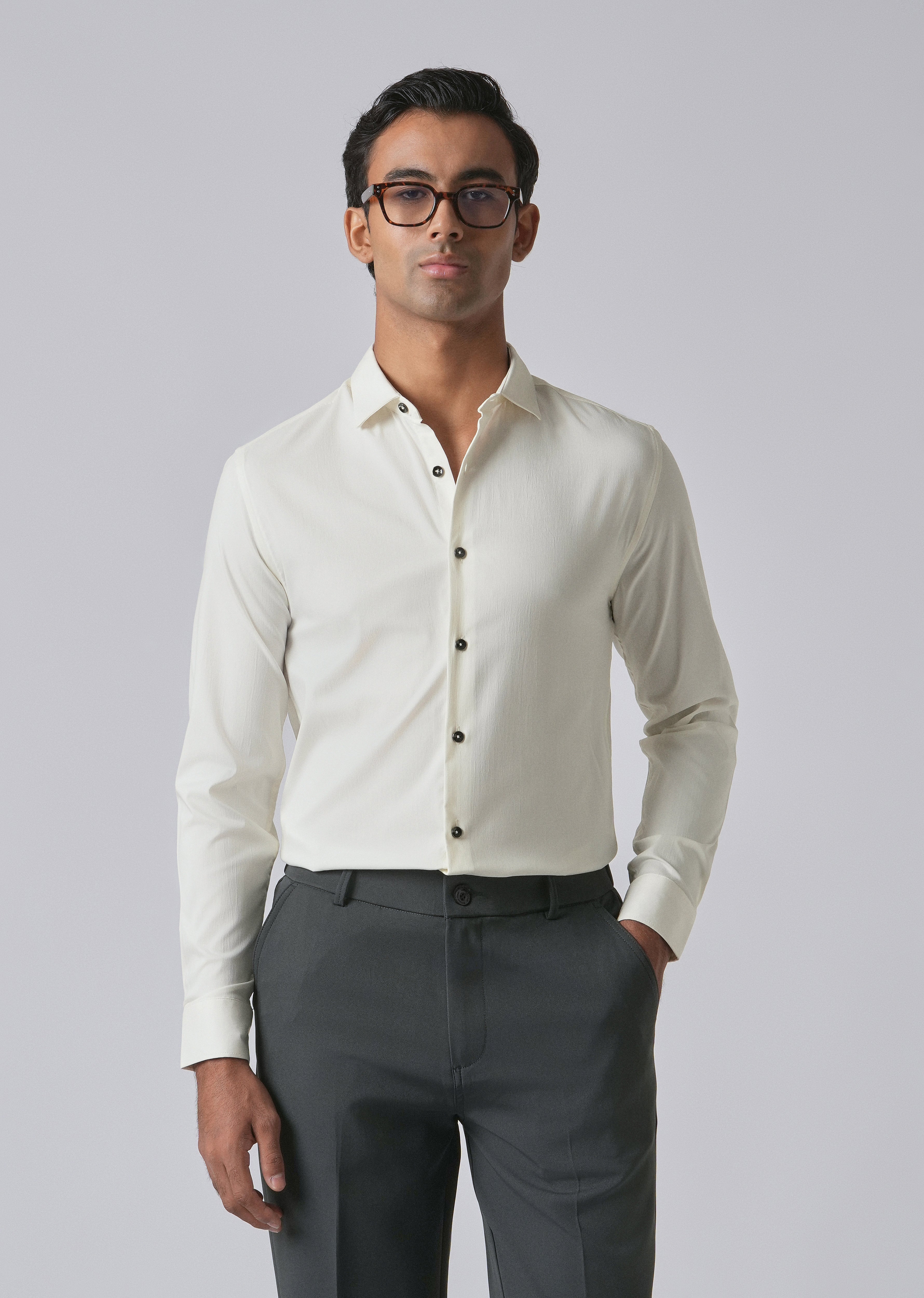 Cream Cotton Stretch Plain Shirt