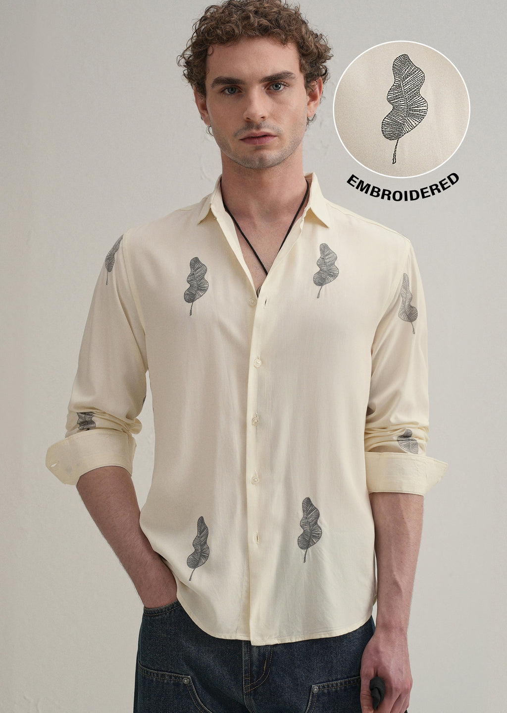 Cream Grey Leaf Motif Embroidery Shirt