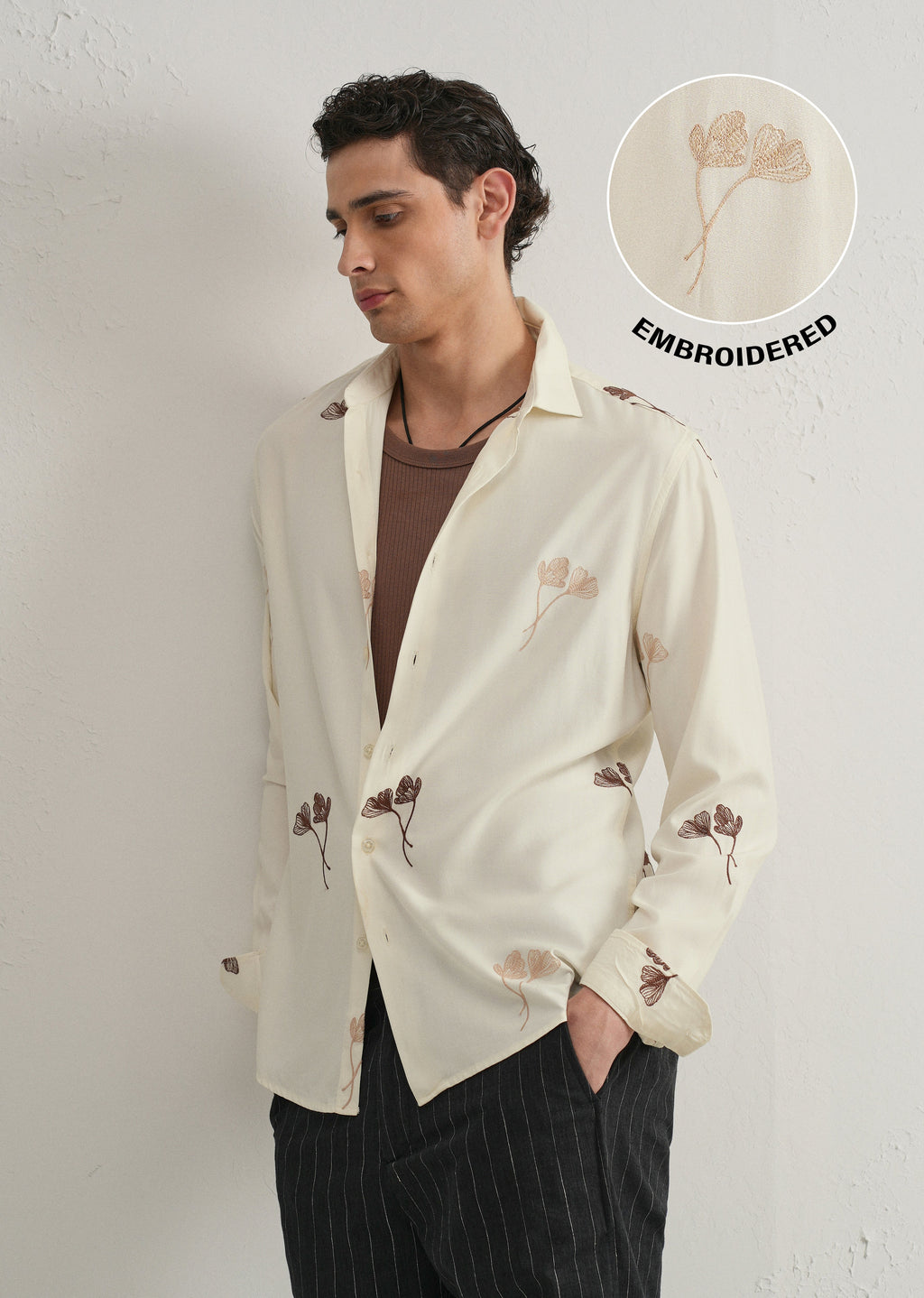 Cream Floral Motif Embroidery Shirt