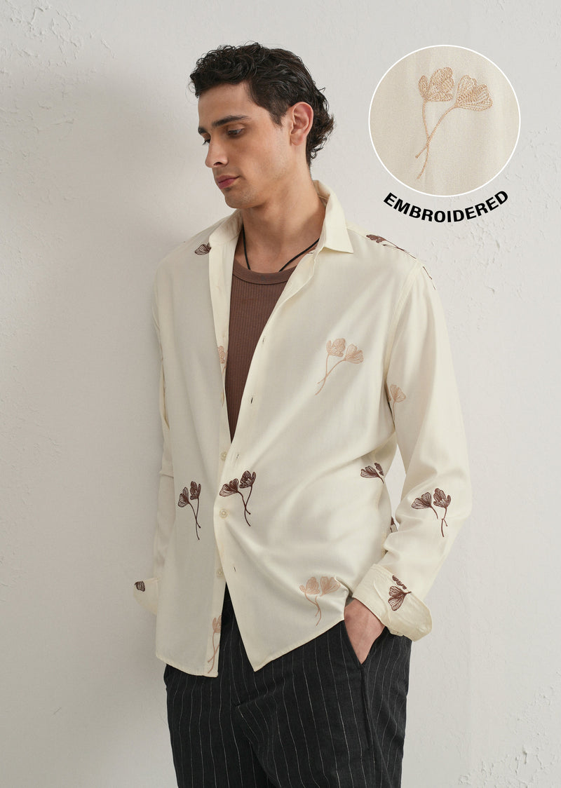 Cream Floral Motif Embroidery Shirt