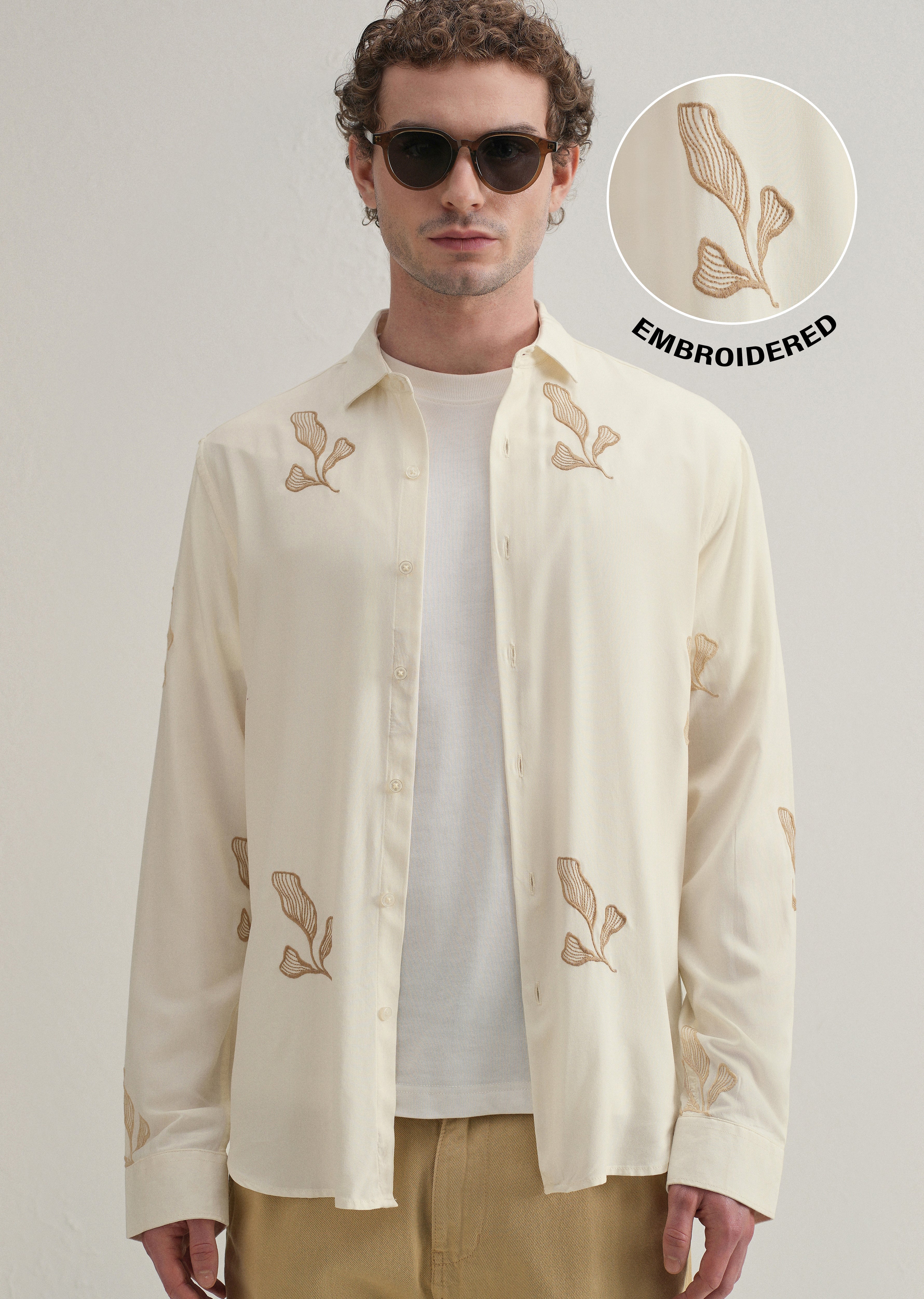 Cream Leaf Motif Embroidery Shirt