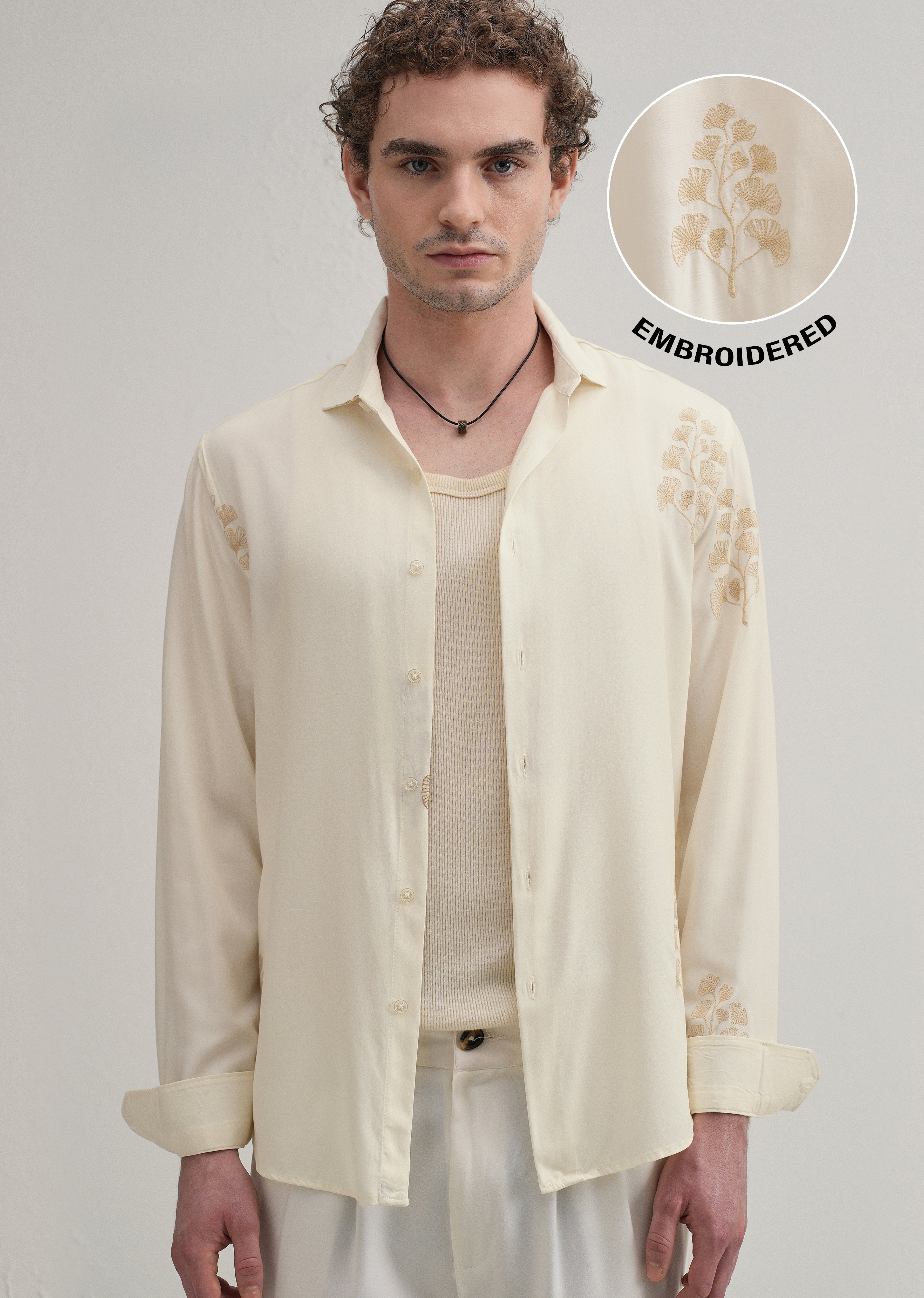Cream Motif Embroidery Shirt