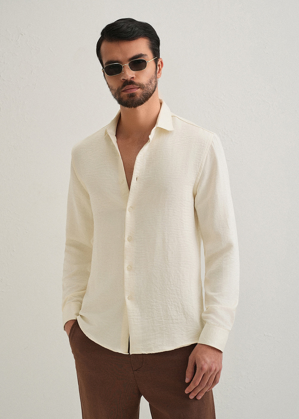 Cream Plain Crushed Satin Shirt