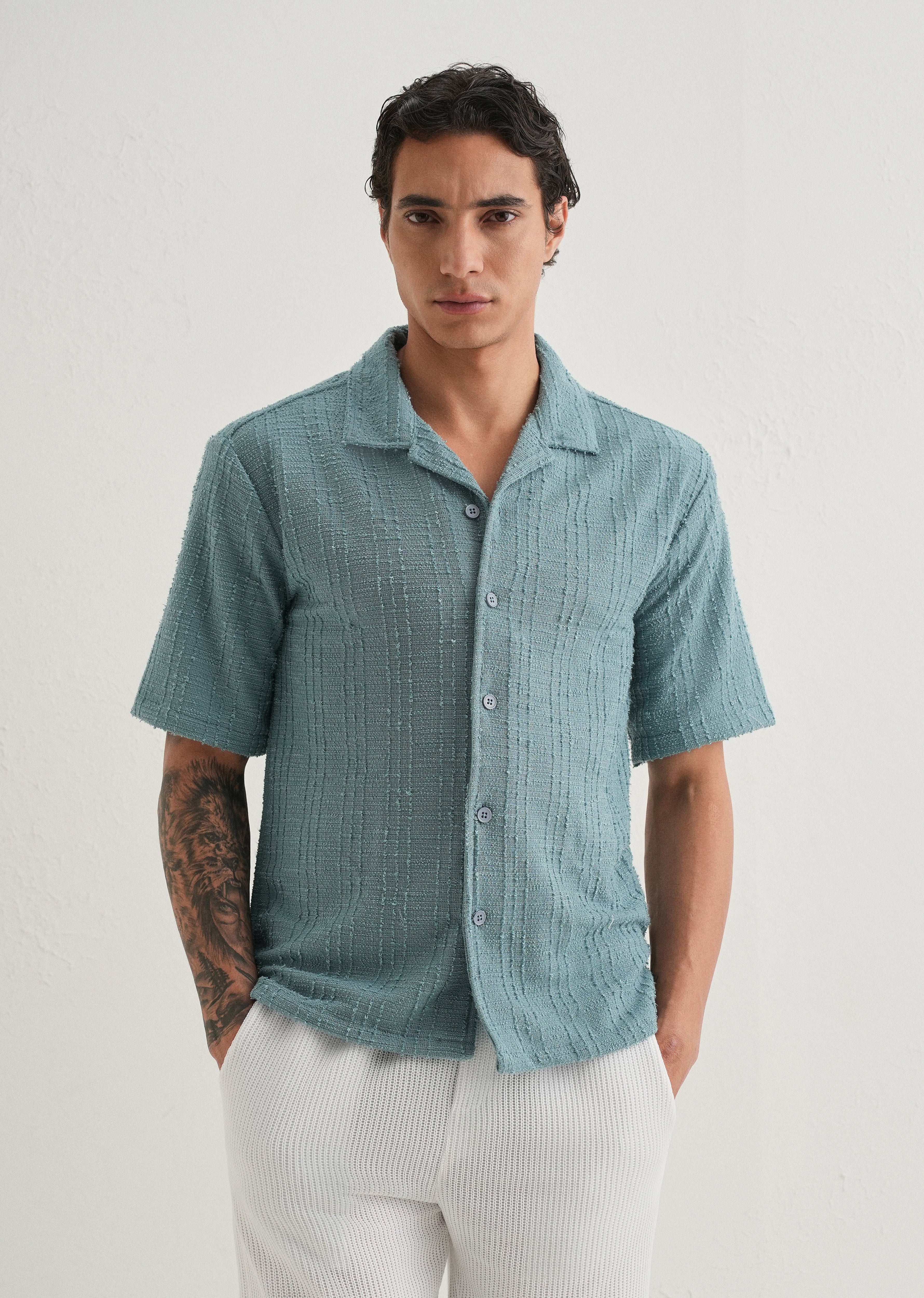 Cyan Plain Cuban Collar Knitted Shirt