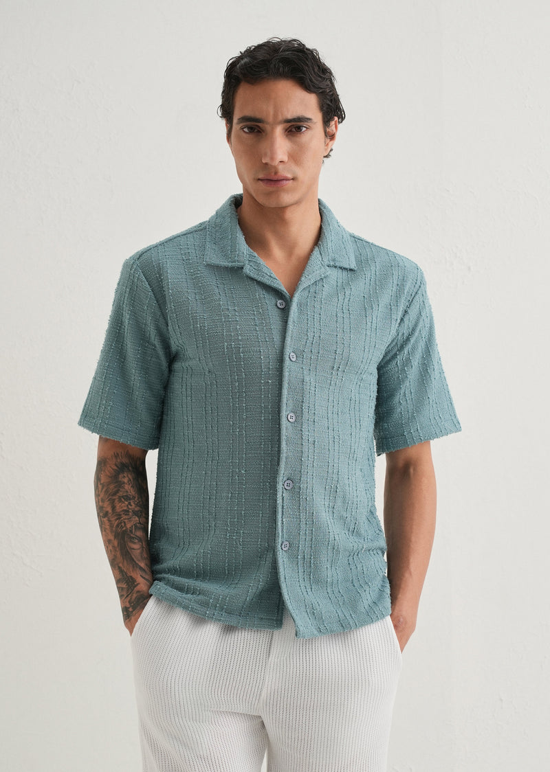 Cyan Plain Cuban Collar Knitted Shirt