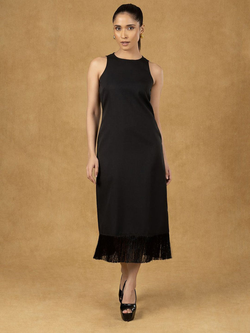 Women Black Solid Sleeveless Midi Dress