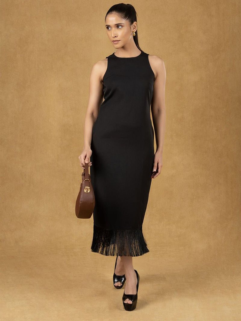 Women Black Solid Sleeveless Midi Dress