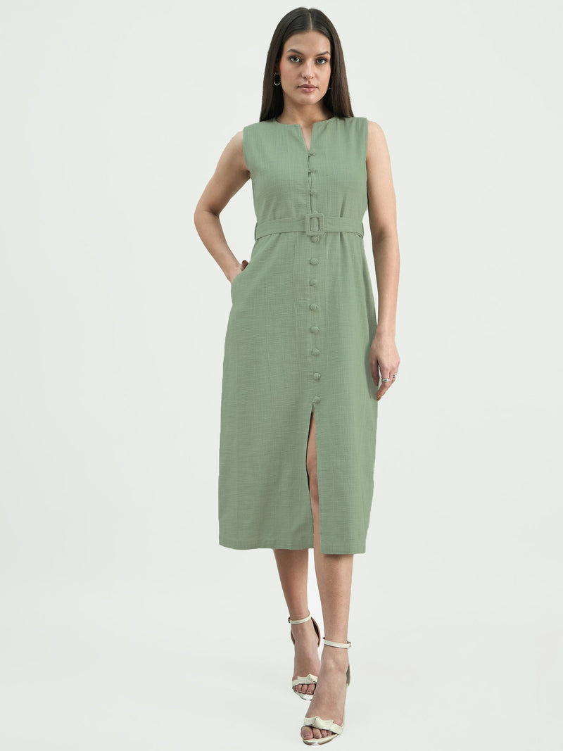 Women Green Button-Down Cotton Blend Sleeveless Shirt Dress