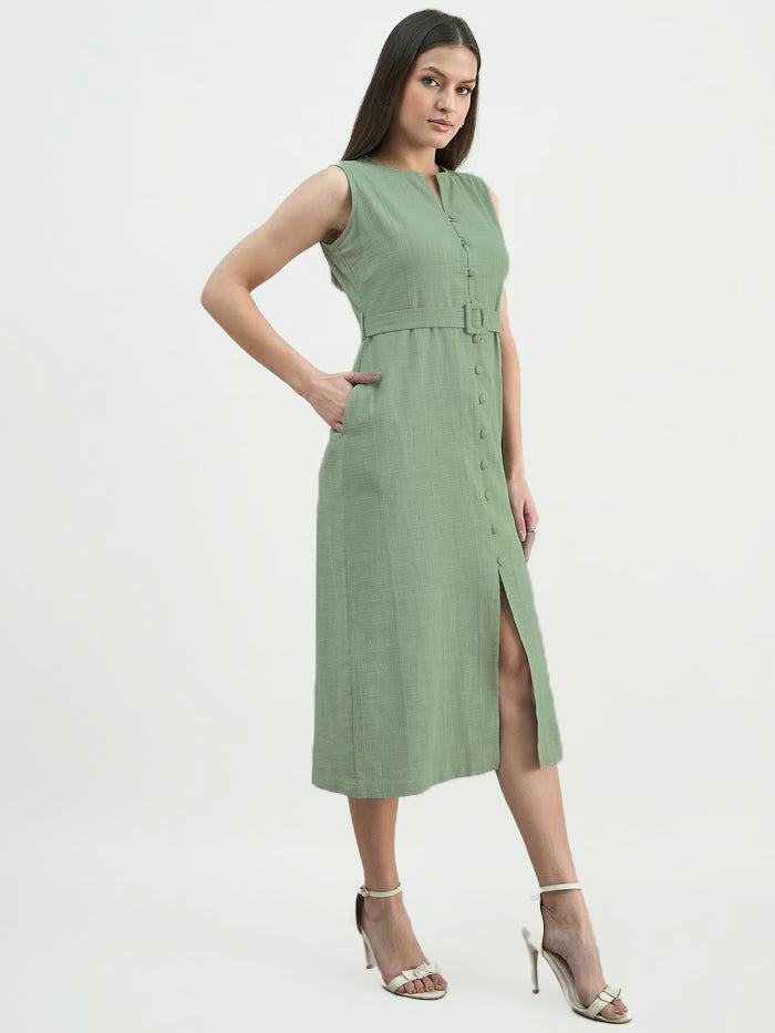Women Green Button-Down Cotton Blend Sleeveless Shirt Dress