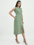 Women Green Button-Down Cotton Blend Sleeveless Shirt Dress