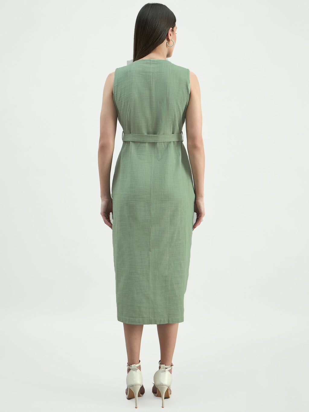Women Green Button-Down Cotton Blend Sleeveless Shirt Dress
