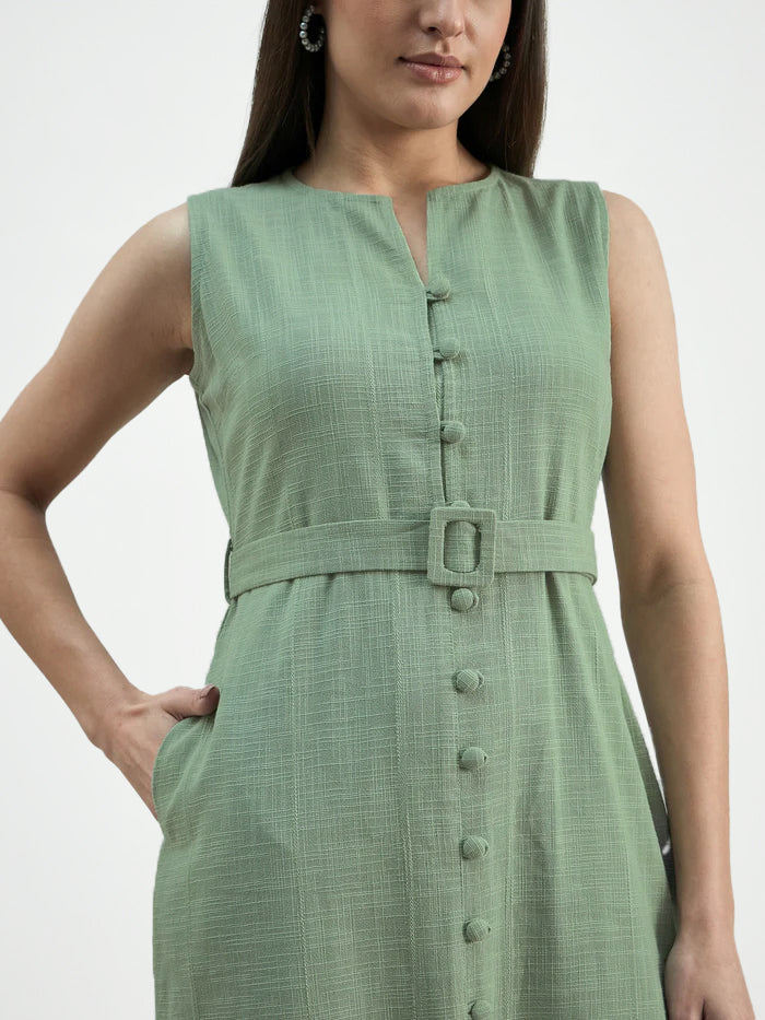 Women Green Button-Down Cotton Blend Sleeveless Shirt Dress