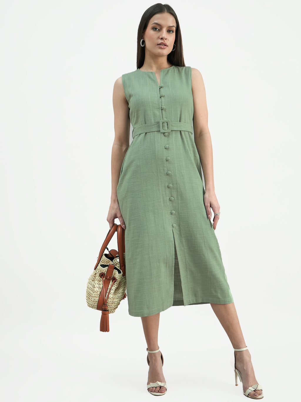 Women Green Button-Down Cotton Blend Sleeveless Shirt Dress