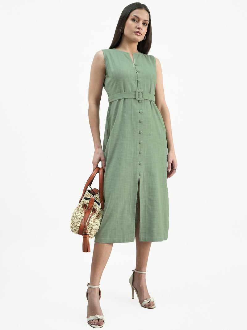 Women Green Button-Down Cotton Blend Sleeveless Shirt Dress
