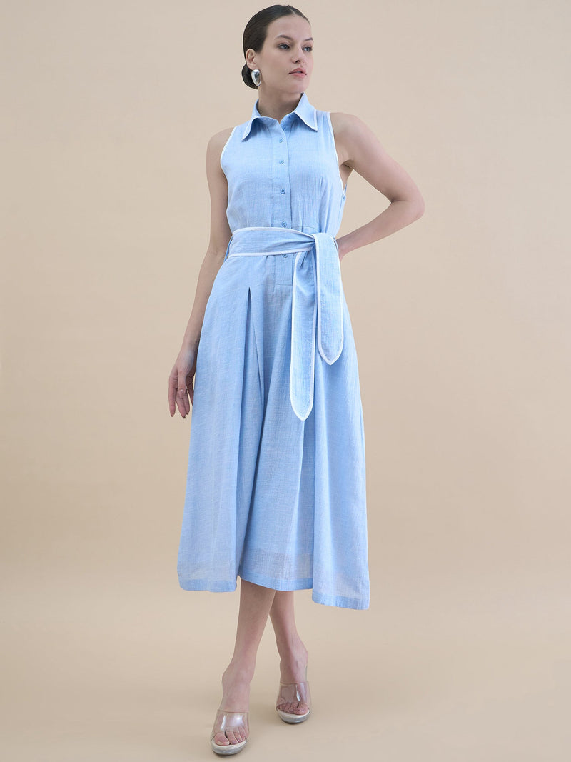 Women Vintage Blue Halter Neck Pleated Shirt Dress