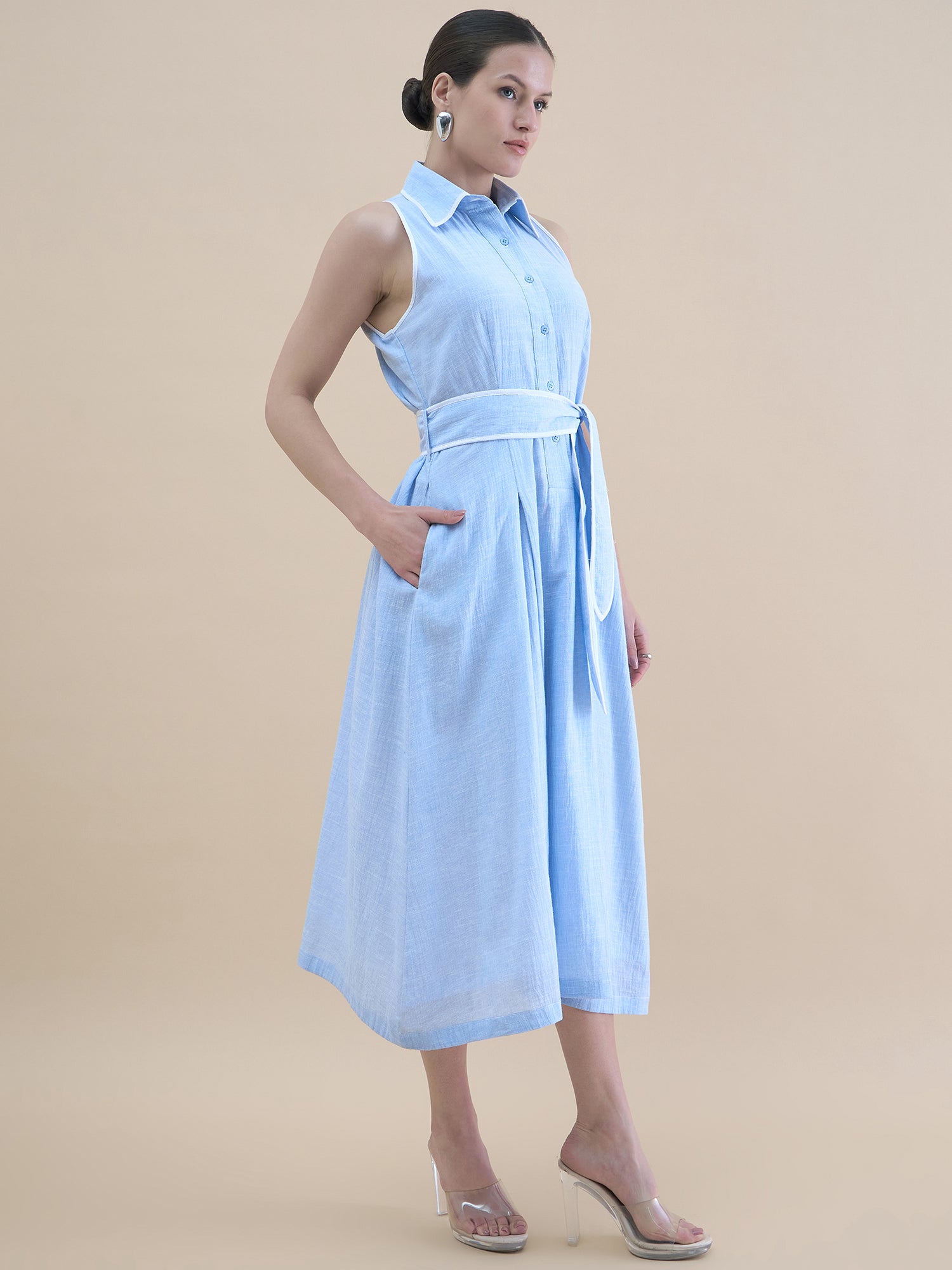 Women Vintage Blue Halter Neck Pleated Shirt Dress