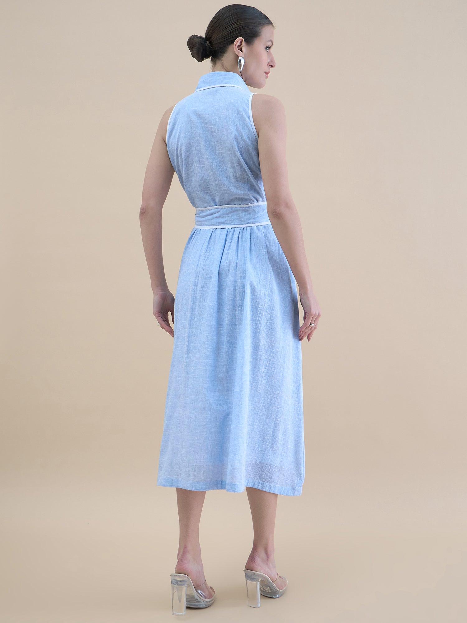 Women Vintage Blue Halter Neck Pleated Shirt Dress