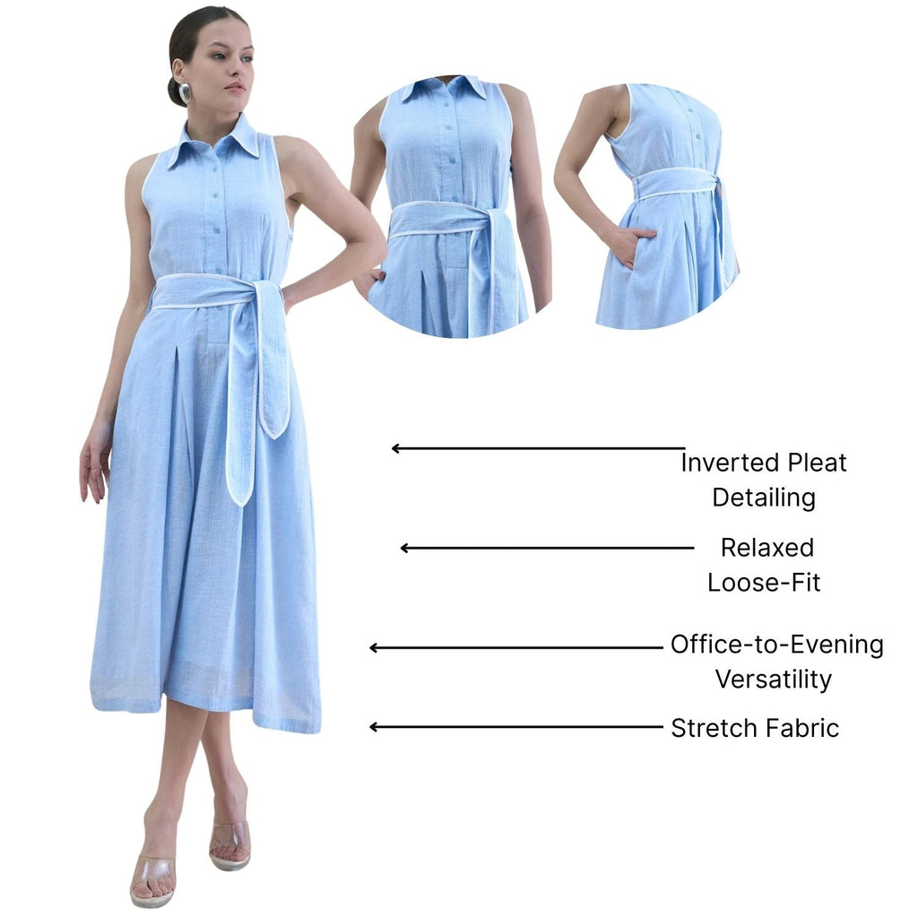 Women Vintage Blue Halter Neck Pleated Shirt Dress