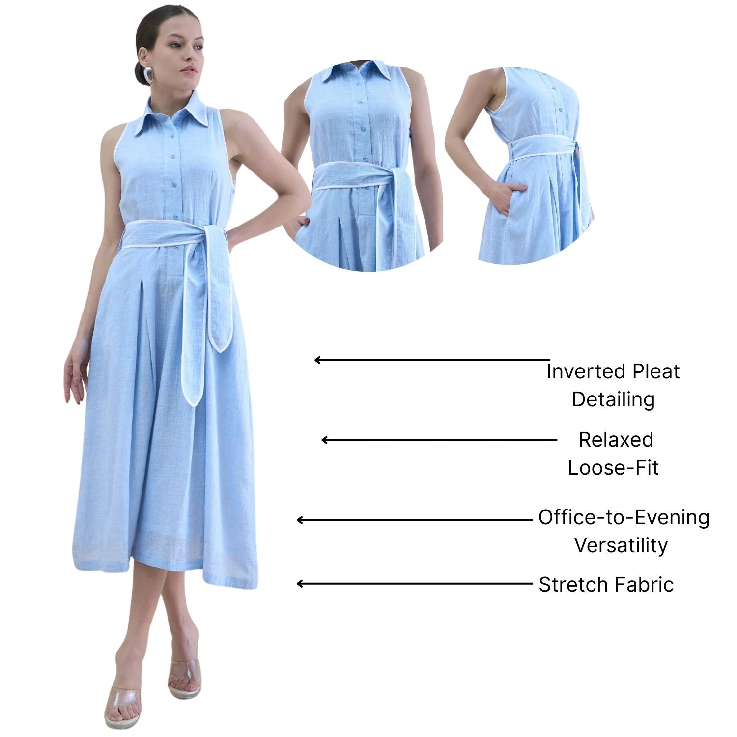 Women Vintage Blue Halter Neck Pleated Shirt Dress
