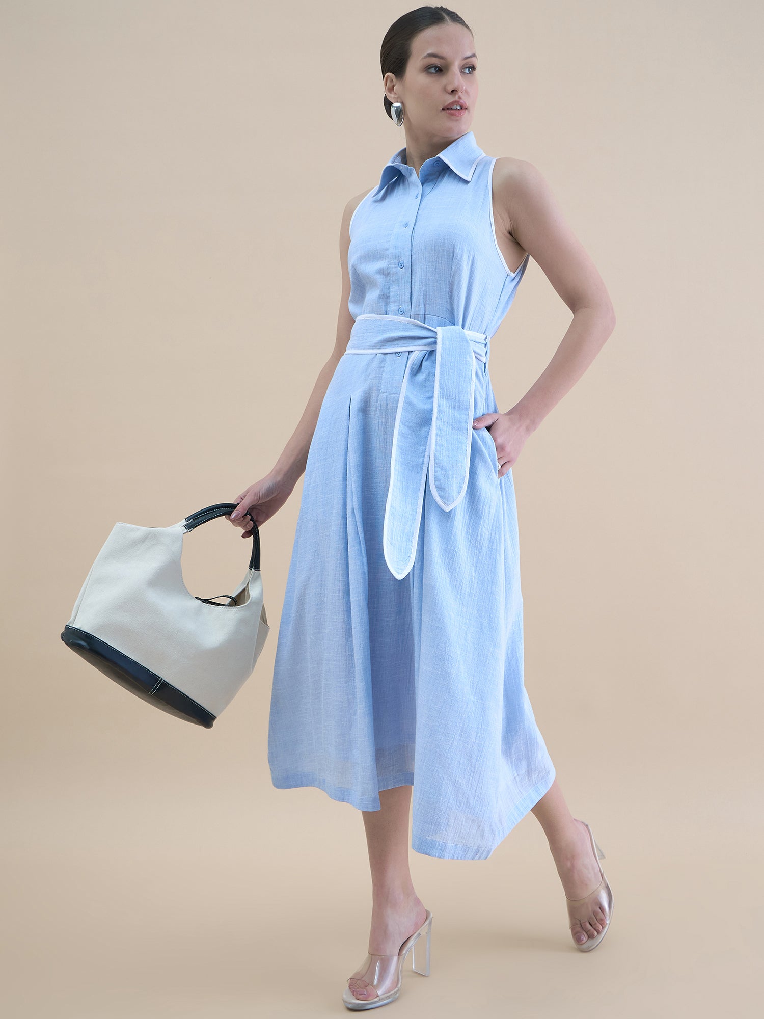 Women Vintage Blue Halter Neck Pleated Shirt Dress