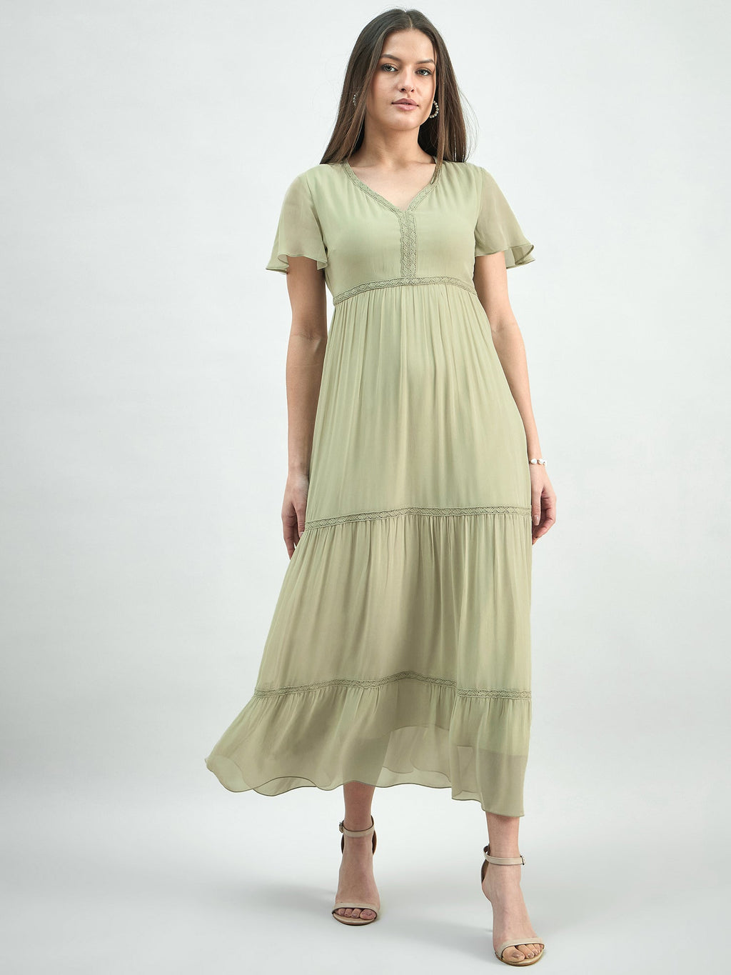 Tiered Lace Detailed Georgette Midi Dress With Delicate Flutter Sleeve