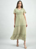 Tiered Lace Detailed Georgette Midi Dress With Delicate Flutter Sleeve