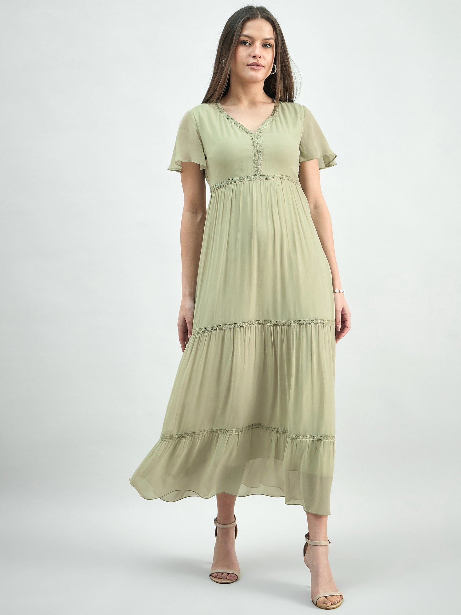 Tiered Lace Detailed Georgette Midi Dress With Delicate Flutter Sleeve