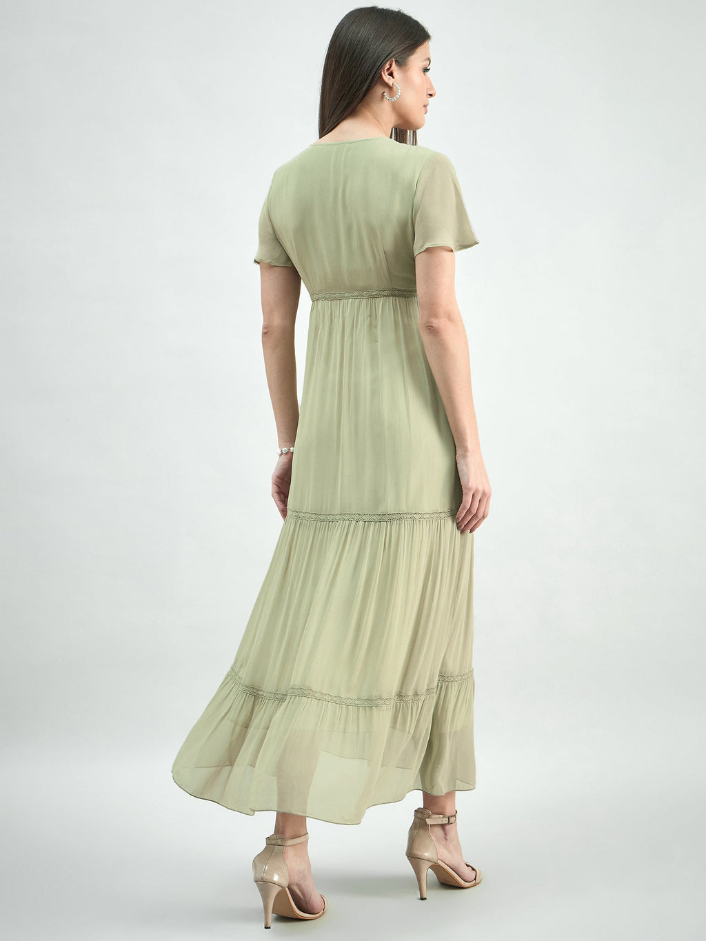 Tiered Lace Detailed Georgette Midi Dress With Delicate Flutter Sleeve