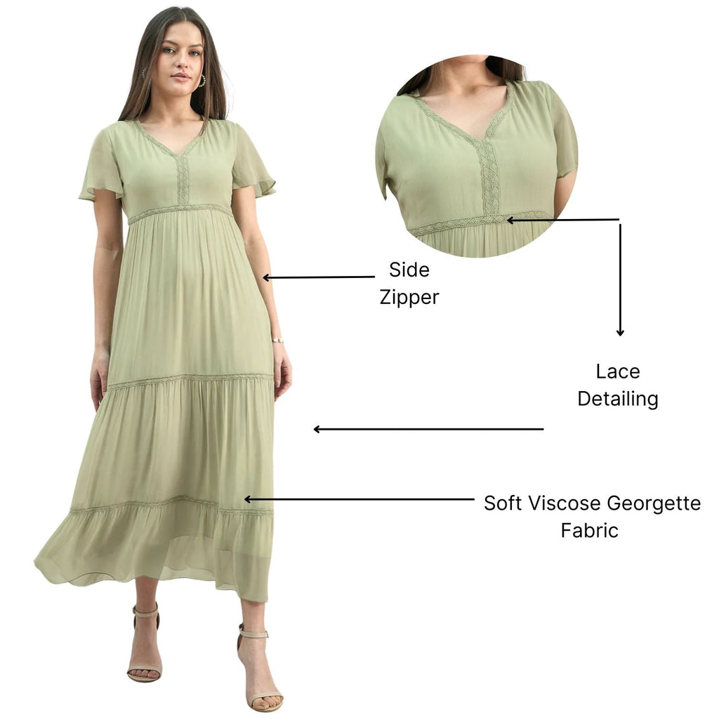 Tiered Lace Detailed Georgette Midi Dress With Delicate Flutter Sleeve