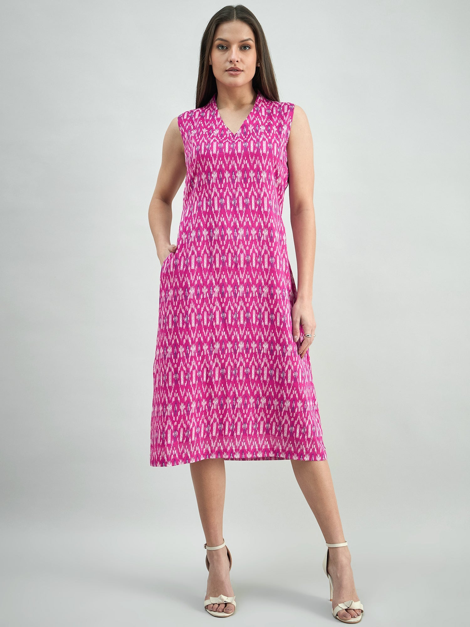 Women Pink Ikat Print A-Line Dress