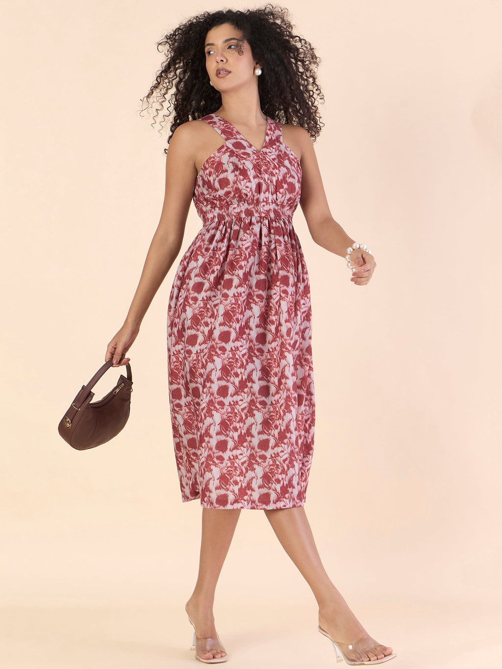 Women Red Floral Printed Elasticated Midi Dress