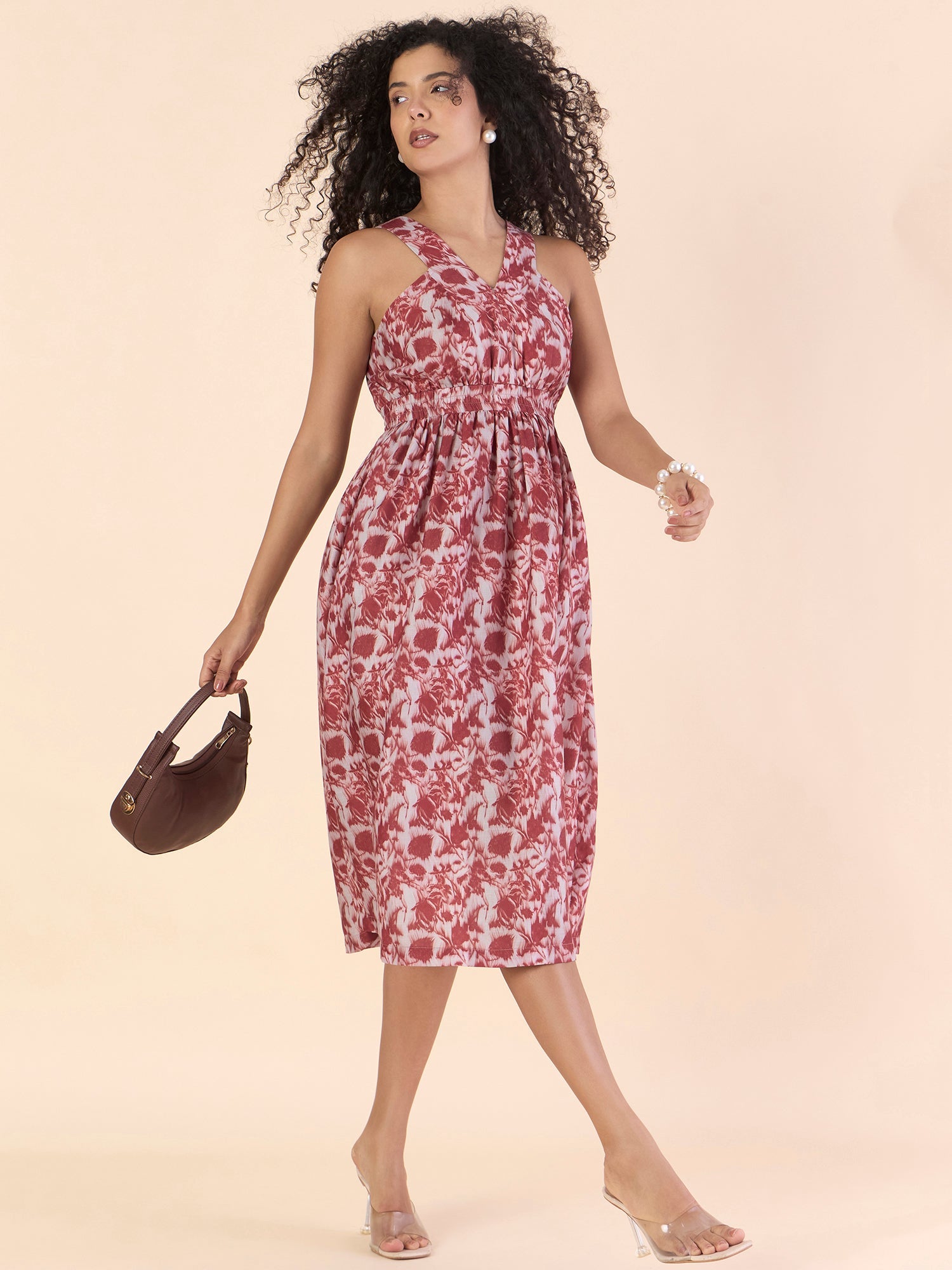 Women Red Floral Printed Elasticated Midi Dress