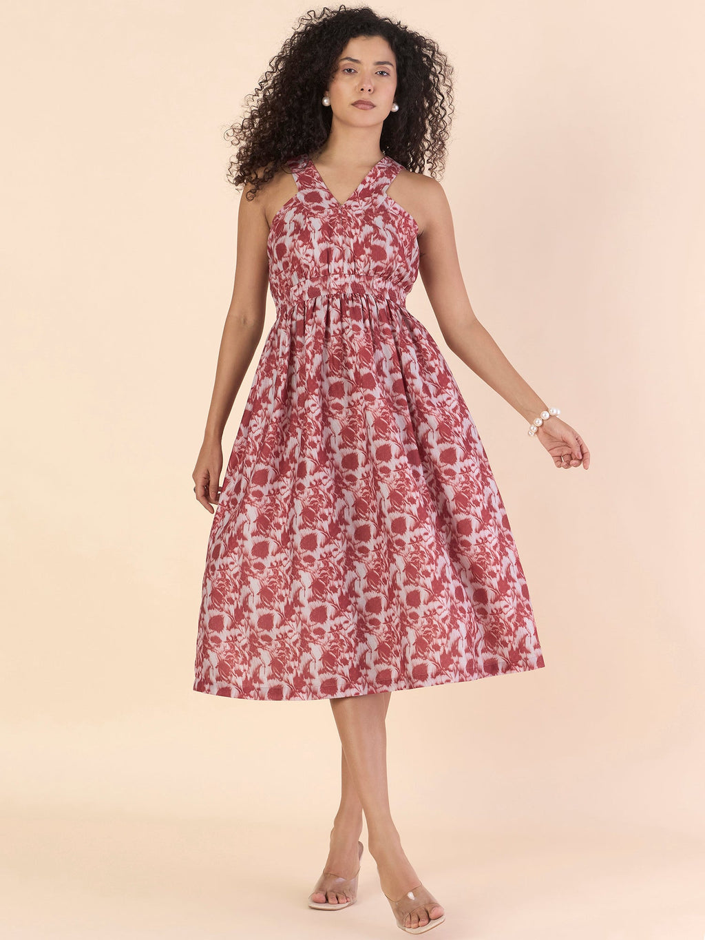 Women Red Floral Printed Elasticated Midi Dress