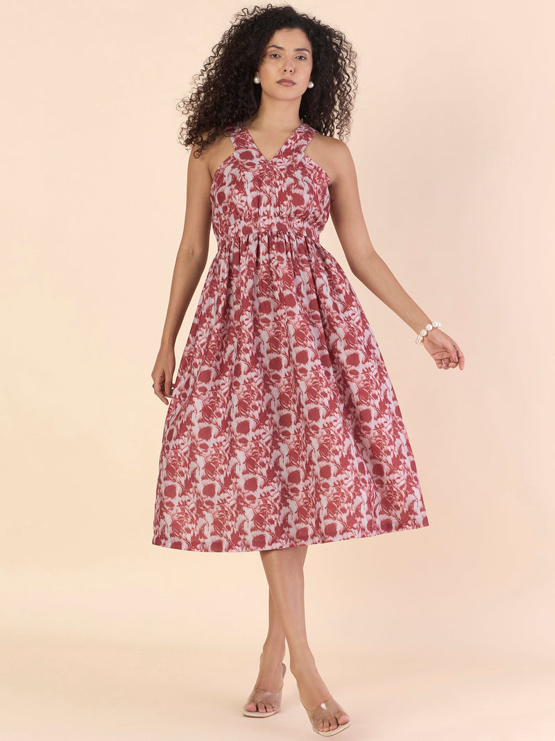 Women Red Floral Printed Elasticated Midi Dress
