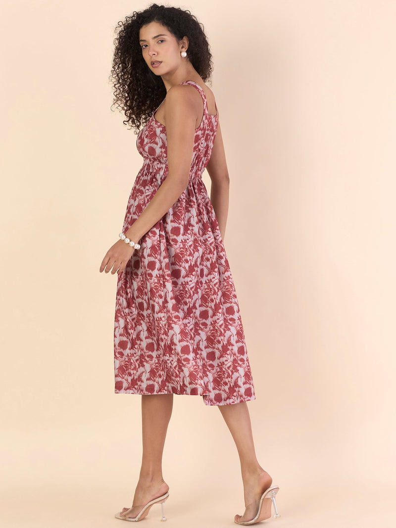 Women Red Floral Printed Elasticated Midi Dress