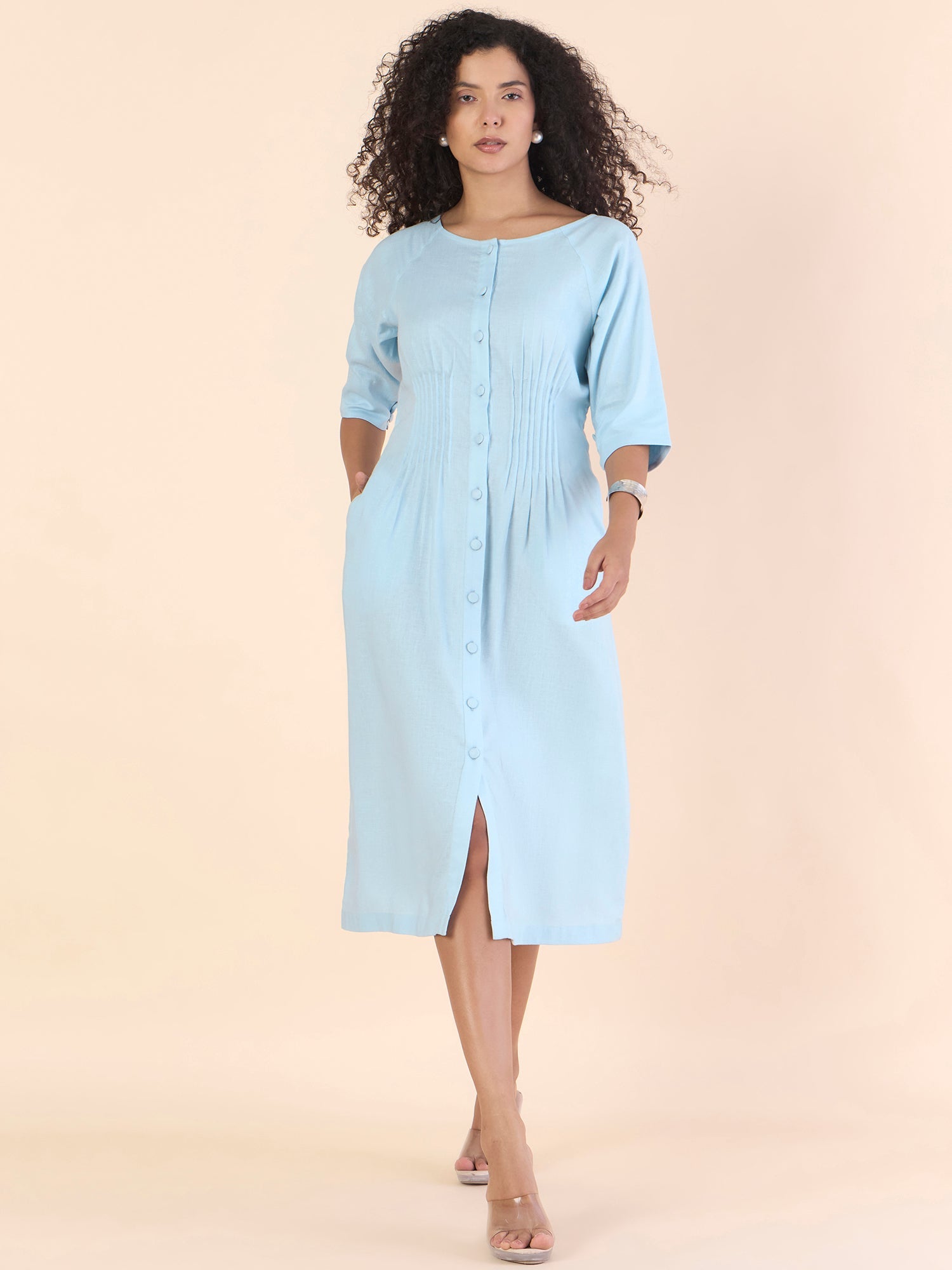 Women Sky Blue Pin-Tucks Detail Fit & Flare Midi Dress
