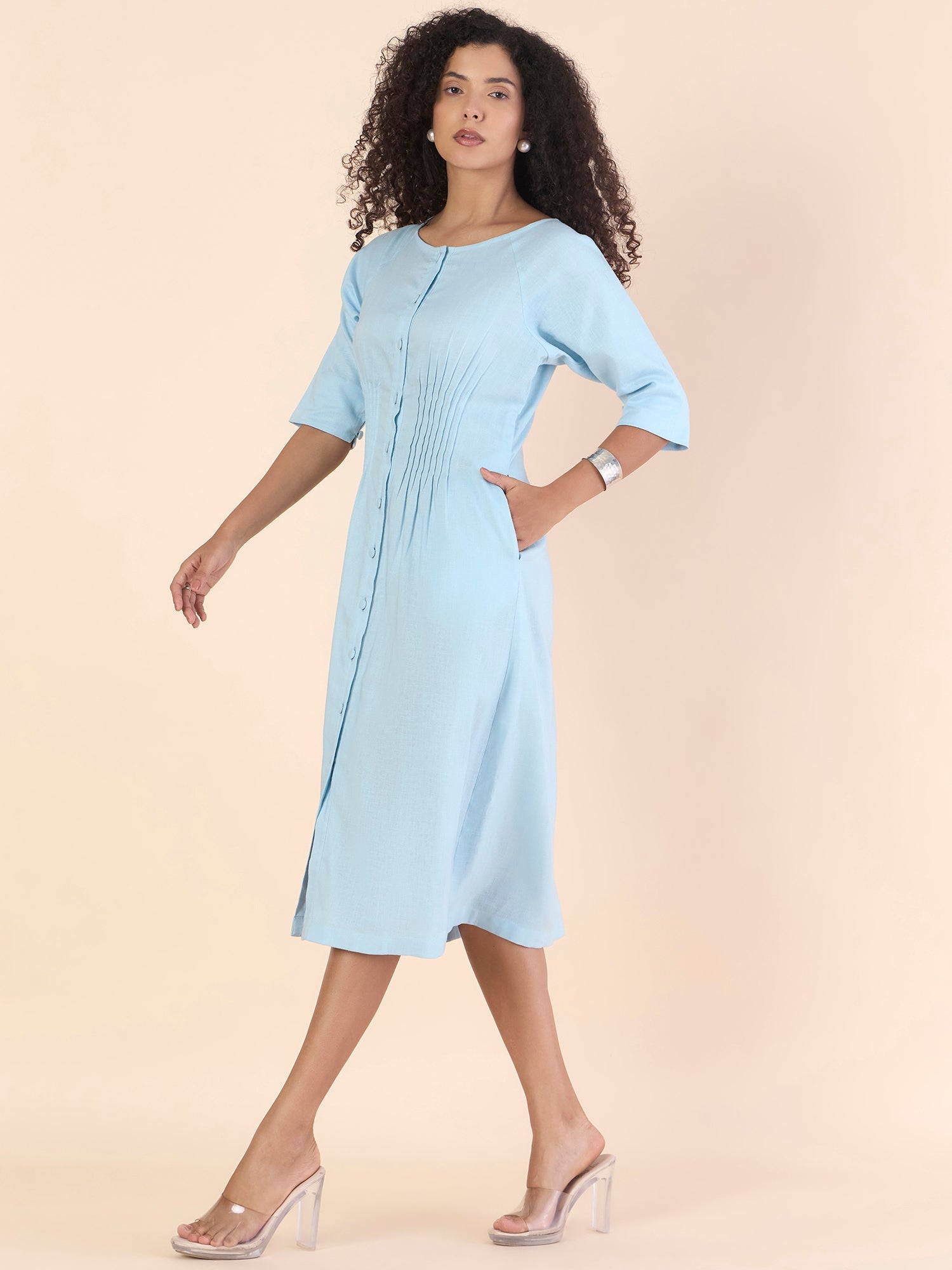 Women Sky Blue Pin-Tucks Detail Fit & Flare Midi Dress