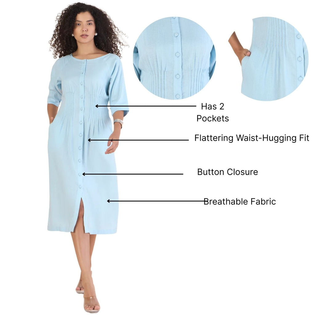 Women Sky Blue Pin-Tucks Detail Fit & Flare Midi Dress