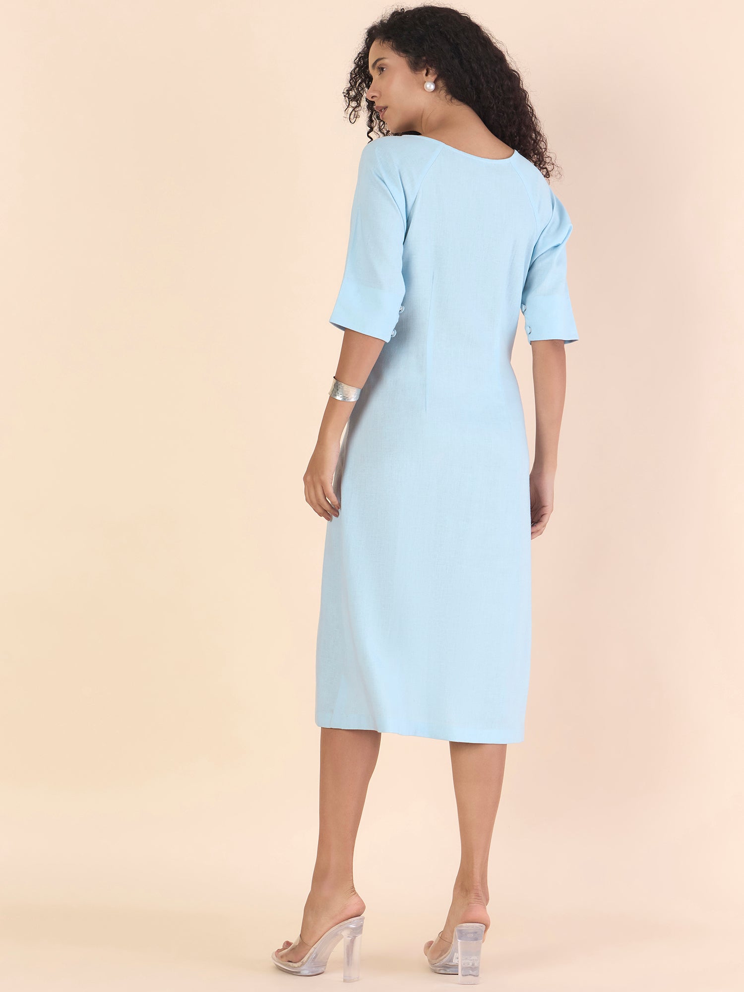 Women Sky Blue Pin-Tucks Detail Fit & Flare Midi Dress