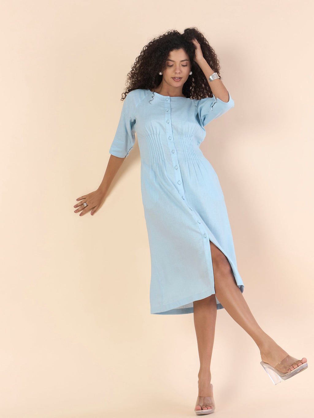 Women Sky Blue Pin-Tucks Detail Fit & Flare Midi Dress